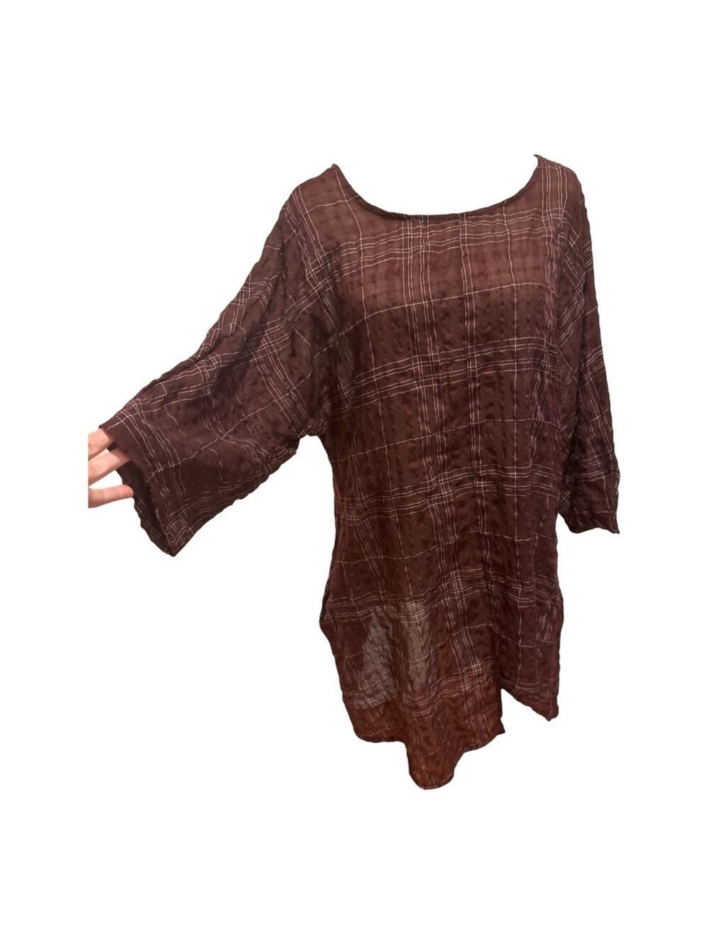 ZANZEA COTTON CREPE BURGUNDY WINDOW PANE PLAID SCOOP NECK 3/4 SLEEVE TUNIC TOP M - Picture 3 of 5